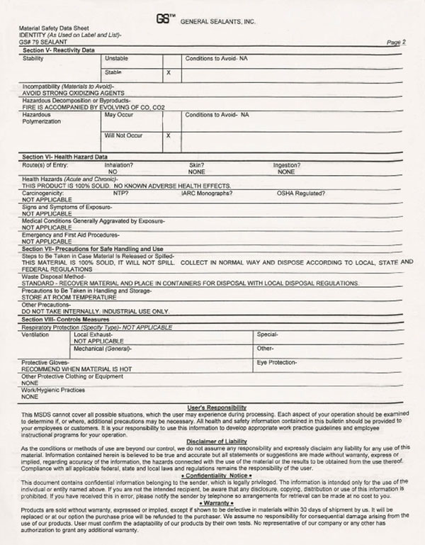 msds - material safety data sheets for GS #79 extruded butyl pipe joint sealant